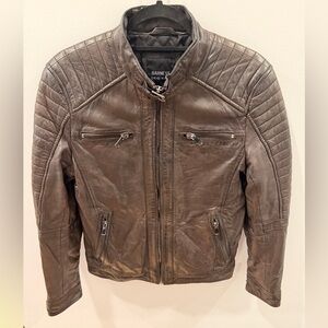 Barneys Originals Real Leather Quilted Moto Jacket — Dark Brown — M Size Small
